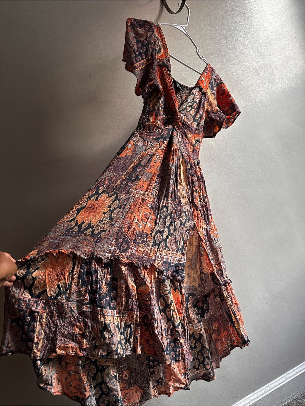 Angie Bohemian Paisley tiered Rust and Navy Floral Tie-Front Midi/Maxi - Picture 8 of 13